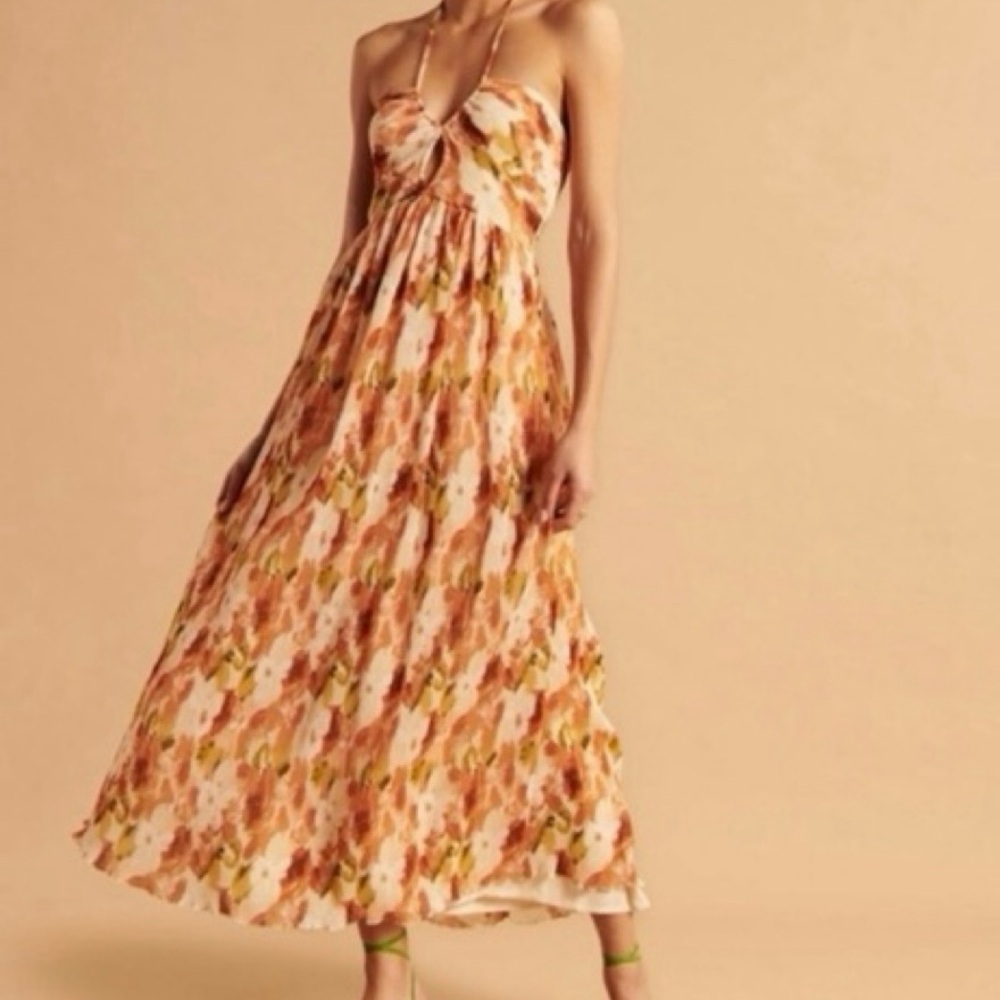 Abercrombie & Fitch Strapless Floral Dress in Peach, Rust & Olive